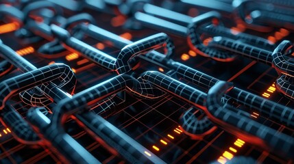 Abstract digital chains on a glowing circuit board, representing security, connection, and technology.