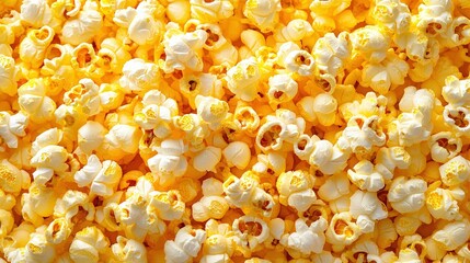 Delicious full frame popcorn background texture for movie night snack. Closeup view of tasty yellow popped corn. Crunchy and salty appetizer. Ready to eat. Perfect for comfort and relaxation