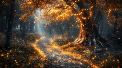 enchanted forest path swirling autumn leaves mystical fog glowing fairy lights ancient gnarled trees dappled sunlight