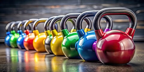 rendering of a series of sports kettlebells with various weights and color markings for workouts, sports equipment, fitness