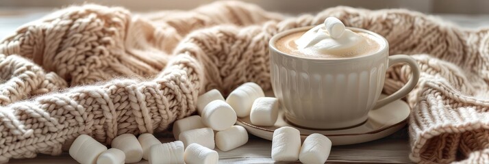 Cozy cup of coffee with marshmallows and a warm knitted blanket.
