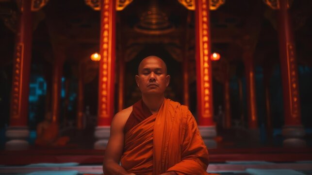 Silhouette of a monk meditating in a temple hallway with warm lighting.