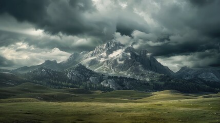 A dramatic mountain range with dark storm clouds gathering above.