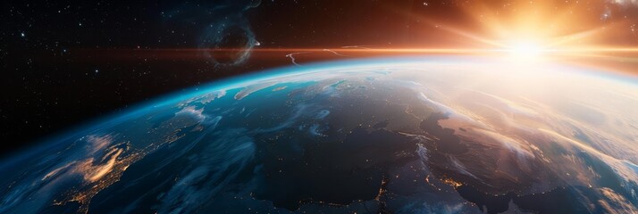 Stunning view of Earth from space with the sun rising over the horizon.