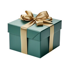 Fototapeta premium Elegant green gift box with golden ribbon, isolated on black. Perfect for birthday, holiday, or special occasion.