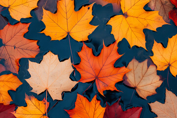 Fototapeta premium Autumn maple leaves floating on dark water surface. Fall season and nature concept. Image for poster, banner with copy space.