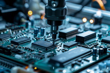 High precision robot arm assembling intricate circuitry in electronics factory, automation concept