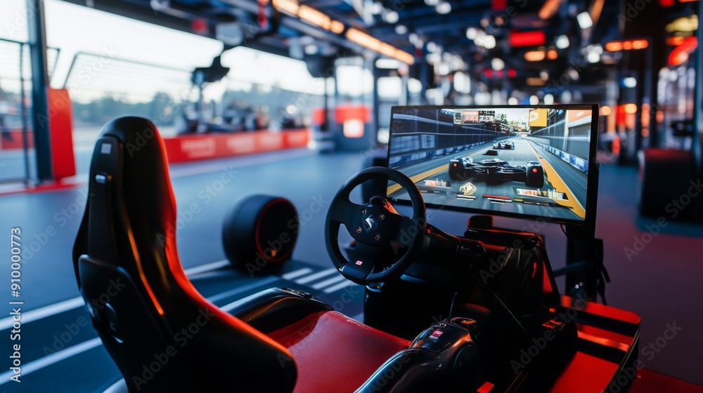 Aufkleber A high-tech racing simulator features a steering wheel and monitor, displaying a racing game in a vibrant arcade setting during evening hours.