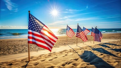 Sunny day at the beach with American flags in the sand , Memorial day, holiday, celebration, patriotism, American