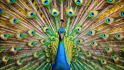 Obraz premium Peacock displaying its elegant green striped wings , peacock, bird, feathers, beautiful, colorful, exotic, wildlife, nature