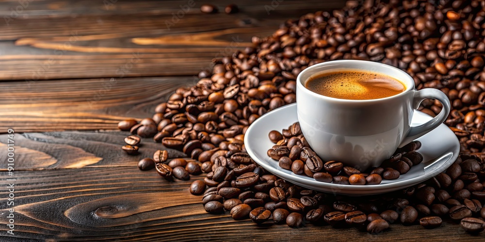 Wall mural Photo of a cup of freshly brewed coffee with roasted beans, coffee, cup, drink, hot, beverage, breakfast, morning, aroma