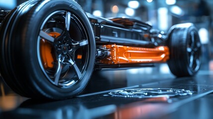 Fototapeta premium A close-up of an electric vehicle chassis showcasing sleek wheels and vibrant orange components in a stylish automotive showroom.