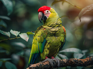 A beautiful green parrot with a red head sitting on a tree branch. A red crested bird from the wild.