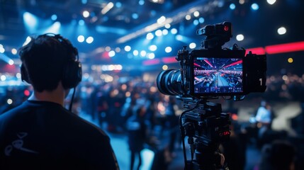 A videographer records vibrant activities at an indoor event surrounded by a large, engaged audience.