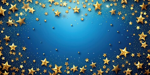 Abstract blue background with golden stars and confetti, copy space, blue, background, abstract, golden, stars, confetti