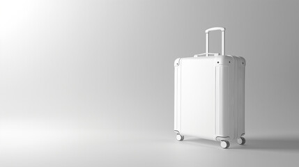 Minimalistic and sleek white suitcase standing in an empty bright room with a clean white background. Travel and luggage concept for modern and stylish travelers.