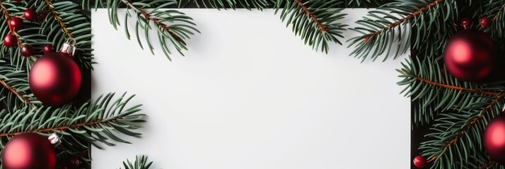 Christmas background with fir branches and red ornaments, white paper for text.
