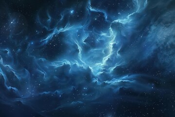 vast cosmic landscape of swirling blue nebula distant stars sparkle against ethereal clouds digital rendering blends scientific accuracy with artistic beauty