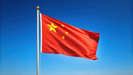 Chinese flag waving proudly against clear blue sky, China, flag, national symbol, patriotism, red and yellow, emblem