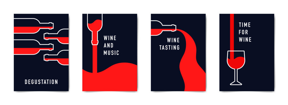 Wine tasting flyer design. Set of minimalist posters in red, white and blue colors. Vector illustration of a wine bottle and glass.