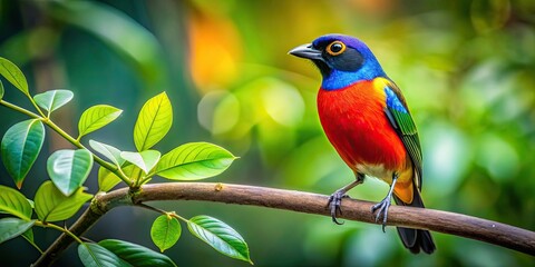 Obraz premium Vibrant bird perched on tree branch with dense foliage background, bird, vibrant, tree, branch, green, foliage, nature