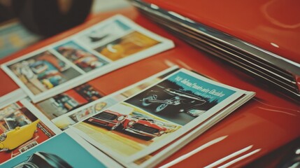 Classic car magazines showcasing various vintage automobiles laid out on a bright red table during a lively auto show.