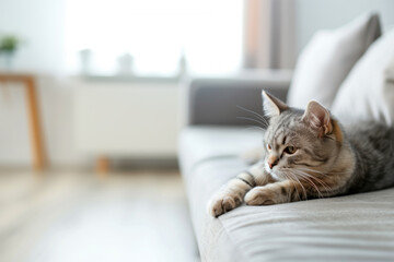 A cat is laying on a couch in a living room