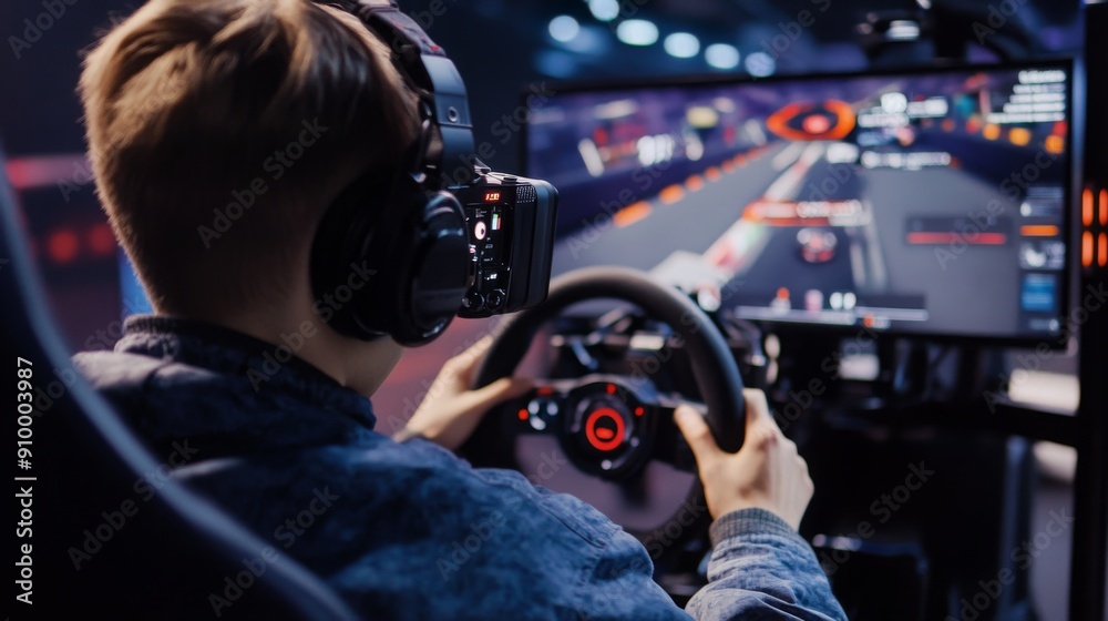 Poster a young gamer intensely focuses on a racing simulation, gripping the steering wheel while wearing he