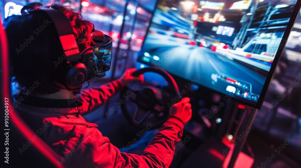 Poster a player engages in an immersive virtual reality racing experience, gripping the steering wheel whil
