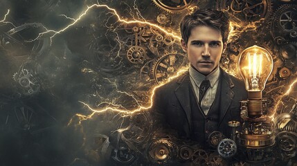 Portrait of Thomas Alva Edison with lightning surrounds glowing bulb, electricity, and mechanical devices. Steampunk background with gears and lightning. Concept of innovation and genius.