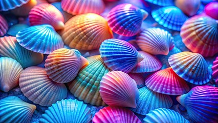 Close up image of luminous blue, pink, and rainbow sea shells for a creative art background, sea shells, close up, blue, pink