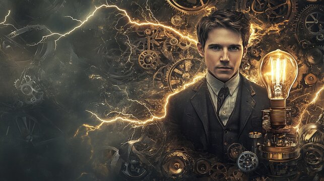 Portrait of Thomas Alva Edison with lightning surrounds glowing bulb, electricity, and mechanical devices. Steampunk background with gears and lightning. Concept of innovation and genius.