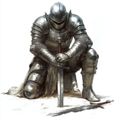 On a white background, an armored knight kneels with a sword planted in the ground, paying homage.