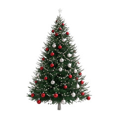 Fototapeta premium Beautifully Decorated Christmas Tree with Red and Silver Ornaments Isolated on White Background