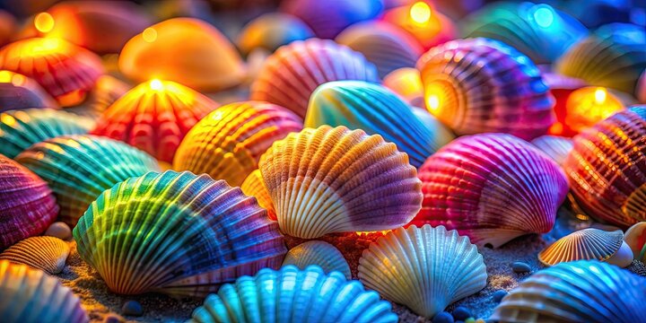 Close up of colorful sea shells with glowing texture, blue, pink, rainbow, sea shells, close up, texture, creative, art