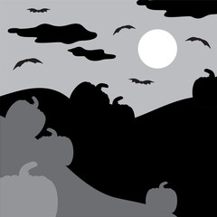 halloween night landscape with moon and bats