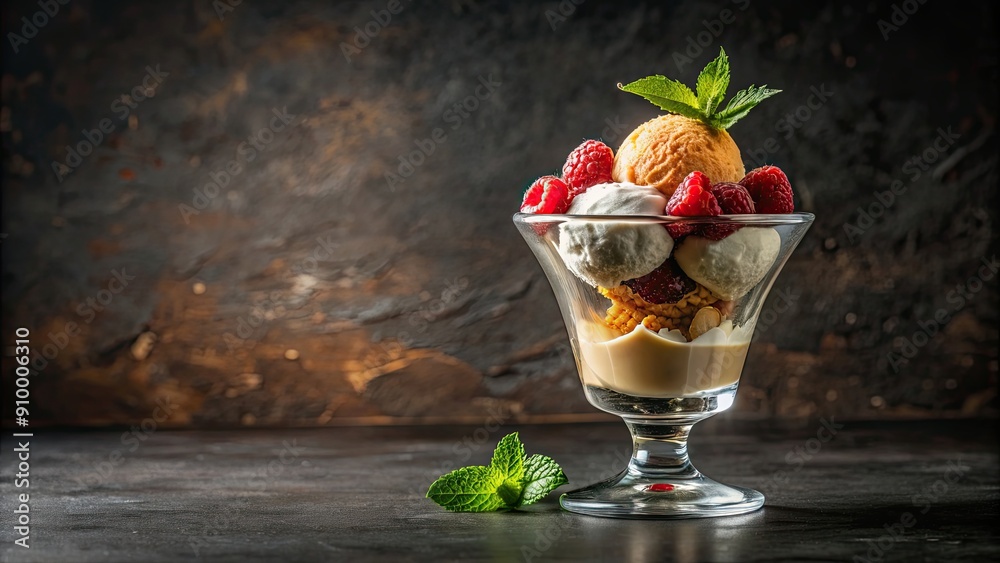 Poster Seductive ice cream dessert served in a glass, tempting, sweet, indulgent, creamy, delicious, gourmet, elegant, dessert