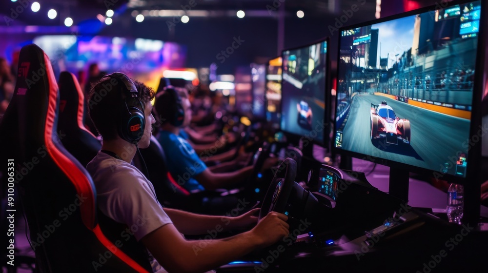 Poster Participants concentrate on racing simulations in a lively esports arena filled with colorful displays and cheering fans.