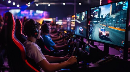 Participants concentrate on racing simulations in a lively esports arena filled with colorful displays and cheering fans.
