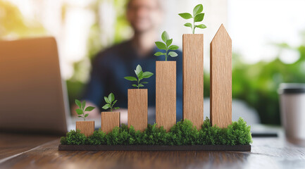Fototapeta premium A wooden bar graph with an arrow pointing upwards, representing growth in business and financial success. The background is blurred to focus on the upward arrows, symbolizing progress.