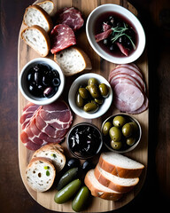 A gourmet charcuterie platter featuring artisanal cured meats, pickles, olives, and rustic bread