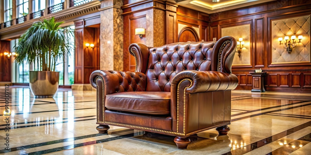 Wall mural Luxurious brown leather armchair in a grand lobby , luxury, elegant, comfortable, stylish, high-end, interior design