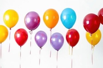 vibrant helium balloons floating against pure white backdrop various colors and sizes cheerful party atmosphere