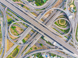 Aerial view city transport curve return junction road with car transport industrial
