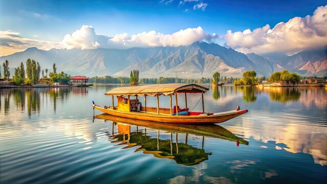 Shikara boat floating on Dal Lake in Srinagar, Jammu and Kashmir, India , Shikara, boat, Dal Lake, Srinagar