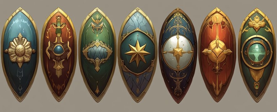 In this design, precious stones are framed in gold and silver frames with stars and fantasy frames. A modern illustration for a game GUI UI.