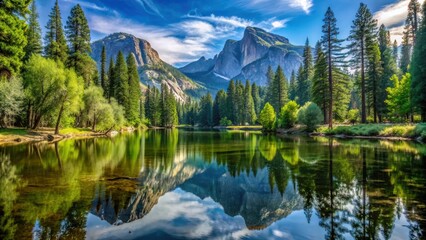 Reflection of serene lake surrounded by tall trees and mountains in Yosemite National Park, Yosemite, lake, reflection