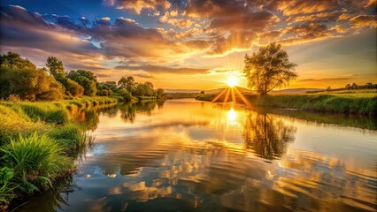 Obraz premium Sunrise casting a warm golden light over a tranquil river, sunrise, river, golden light, nature, peaceful, morning, reflection
