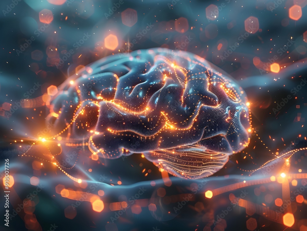 Poster glowing digital brain representing advanced algorithms and intelligence concept