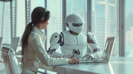 A young employee teaches a neural network A girl teaches a robot Humans and AI The interaction of people and high technology